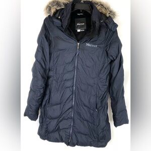 Marmot Women’s Extra Small Navy Blue Quilted Parka Coat, Faux Fur Hood